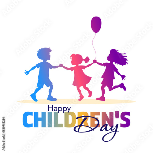 Children's day holiday banner with colored kids silhouette of kids playing on white background