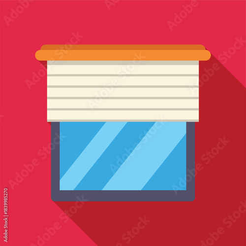 Window with half drawn blind showing sun reflections on a red background