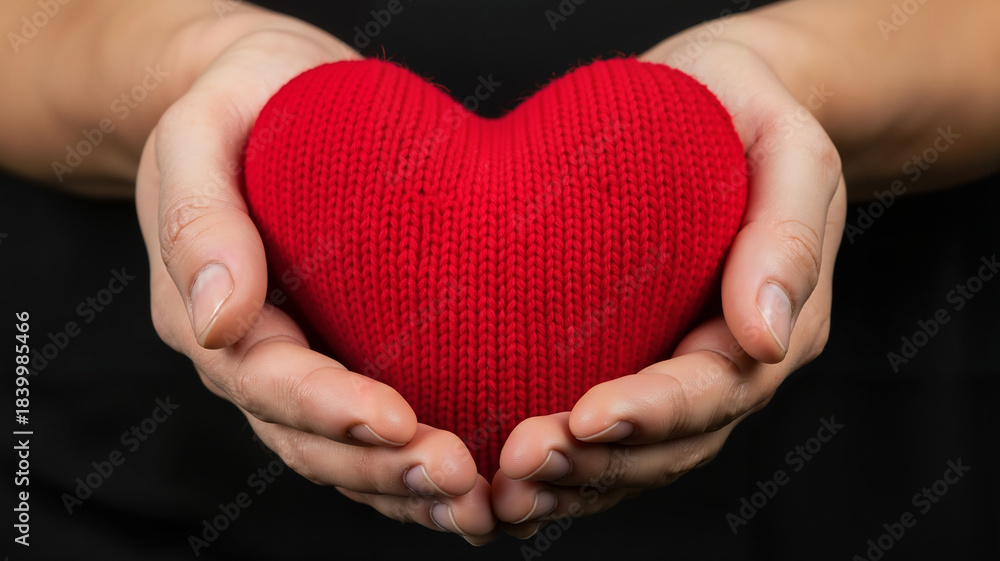 Obraz premium Hands holding red knitted heart on dark background for Valentine's Day 