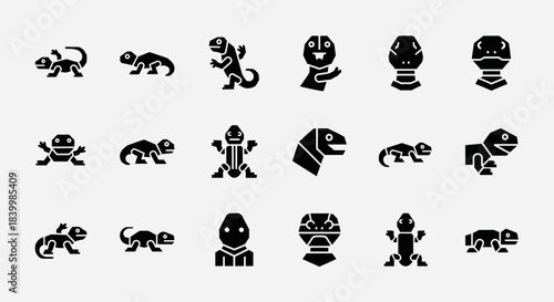 Discover a captivating collection of stylized lizard and reptilian character icons perfect for modern design projects and creative branding