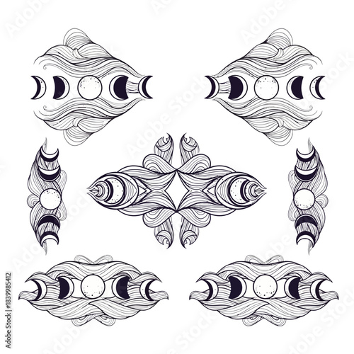 Mystical moon phases and celestial wave patterns create a captivating cosmic design collection perfect for spiritual and astrological themes