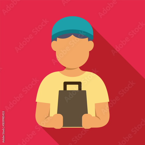 Delivery person holding shopping bag flat design icon