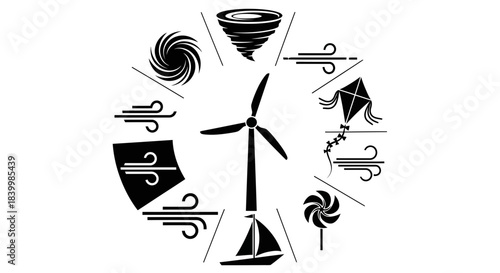 Dynamic collection of wind-related icons showcasing power, movement, and natural forces for energy and weather concepts.