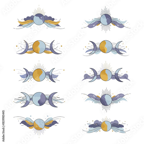Mystical celestial dividers featuring sun moon phases and abstract cosmic elements for elegant design projects