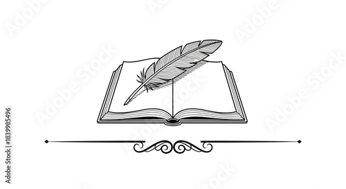 Elegant open book with quill pen symbolizes knowledge, writing, and literature, perfect for educational or creative projects