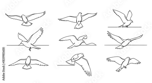 Graceful doves take flight in a minimalist, elegant collection of single-line drawings, embodying freedom and peace for commercial projects.