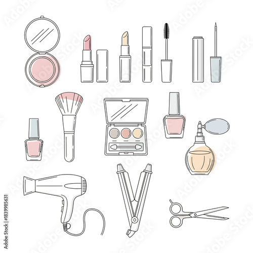Chic cosmetic collection for effortless beauty routines showcasing lipsticks, mascara, brushes, and styling tools