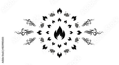 Dynamic abstract flame and tribal swirl design elements symbolizing energy passion and primal force perfect for modern branding and artistic concepts