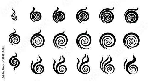 Dynamic swirling vortex icons capture energy and motion, perfect for modern branding and abstract design elements