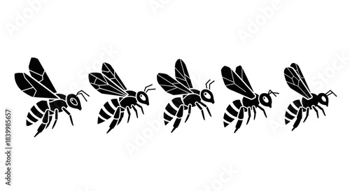 Five stylized black bees in flight, perfect for nature projects, logos, and educational materials, offering a clean and dynamic visual.