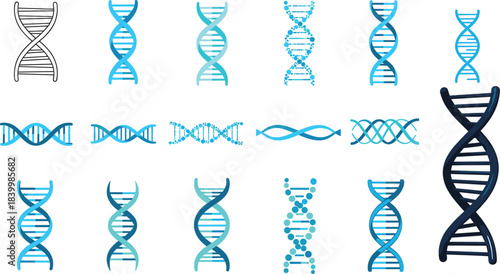 Set of colorful DNA helix vector illustrations showcasing diverse genetic strand designs for biology, science, medical and biotechnology projects