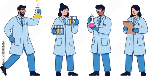 Scientists working in laboratory conducting experiments with test tubes, flasks and research equipment in medical science illustration