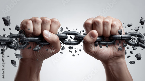 Powerful grip tearing steel chain apart symbolic strength