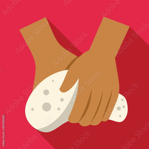 Hands kneading a white dough ball on a red background, illustrating food preparation