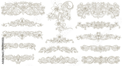 Elegant floral decorative borders and flourishes offer timeless beauty for invitations, stationery, and elegant branding projects
