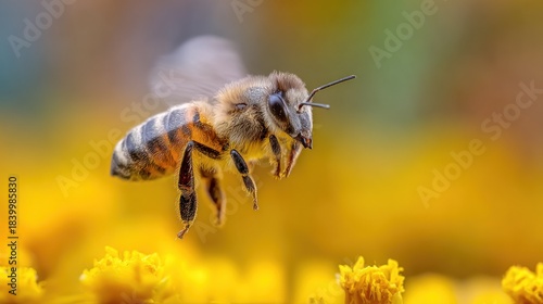 Honeybee in flight amidst vibrant yellow flowers