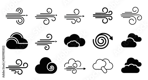 Dynamic collection of weather icons featuring wind and clouds for meteorological forecasts and atmospheric representation