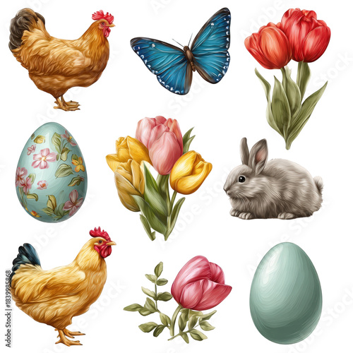 Watercolor collection of Easter and spring elements.