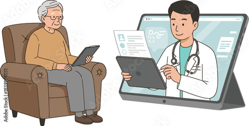 Elderly man using tablet for telemedicine, virtual doctor consultation, online healthcare communication, remote medical support, digital health service illustration