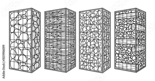 Outline set of gabion fence types isolated on white background. Gabion wall, gabion box, stone gabion.