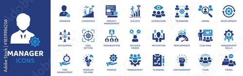 Manager flat icon set. Containing Icons as Leadership, Project Management, Success, Supervision, Teamwork, Hiring, Development and more. Solid Vector web icons collection.