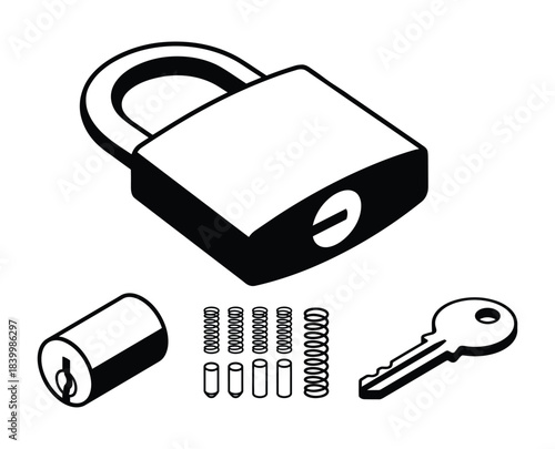 Padlock and key with internal mechanism elements; springs; pins; cylinder outline vector illustration.