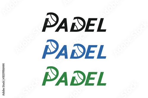 Padel logo, padel typeface text logo, padel racket and ball logo design vector