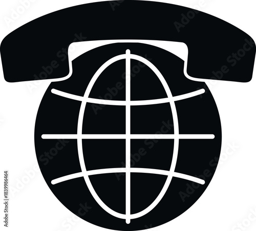 Telephone receiver connection with world grid icon representing international communication