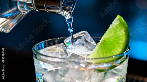 Pouring clear liquid into a glass with ice cubes and lime slice cocktail preparation