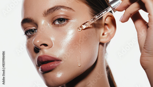 Close-up of a woman applying a hydrating serum to her glowing, dewy skin with a dropper.