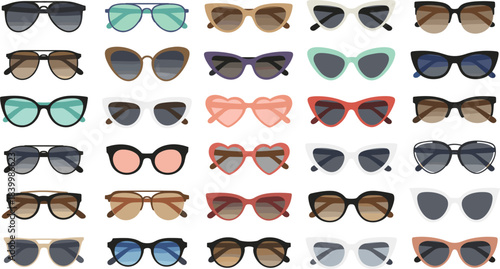Trendy sunglasses vector collection featuring various fashionable eyewear styles, shapes, frames, lenses and modern accessory designs