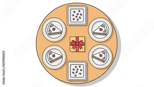 Table setting for a celebration with cake slices gift box and party favors top view illustration for