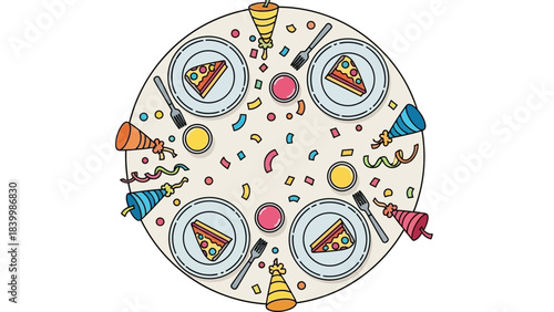 Round table setting with pizza slices party hats and confetti festive celebration meal for family or