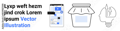 Digital marketing, homemade goods, innovation, social media, creativity, e-commerce. Smartphone with social media icons, jar and lightbulb illustration. s digital marketing and homemade products