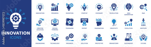 Innovation flat icon set. Containing Icons as Progress, Invention, Startup, Visionary, Revolution, Idea Generation, R&D and more. Solid Vector web icons collection.