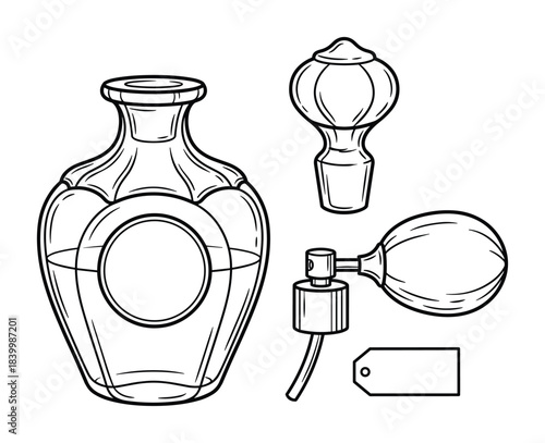 Perfume bottle and atomizer set. Hand drawn illustration of fragrance container, stopper, and label