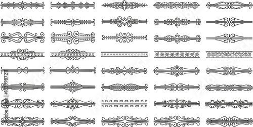 Vintage decorative divider vector collection featuring ornate flourishes, swirl borders, elegant line art separators and classic embellishment designs