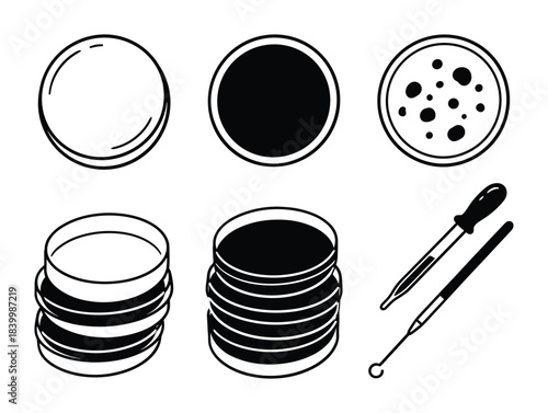 Petri dishes and laboratory tools set. Hand drawn illustration of culture plates, pipette, and loop