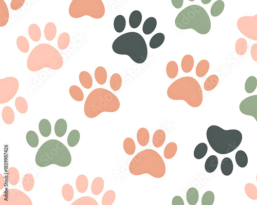 Seamless Pattern of Paw Prints in Soft Peach, Sage Green, and Charcoal Gray on White animal