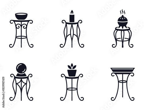 Plant stand icons, decorative table symbol, ornate holder sign, candle stand outline, pedestal support.