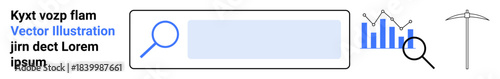 Data analysis, SEO optimization, mining tools, search engine results, digital research, business growth. Magnifying glass on search bar, graph pickaxe. Data analysis and SEO optimization