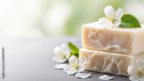 Natural handmade soap bars stacked on a smooth surface, adorned with delicate white flowers and green leaves, showcasing body care and skin nourishment concept
