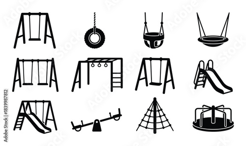 Playground equipment glyph icons. Swings, slides, and other recreational structures for children playtime.