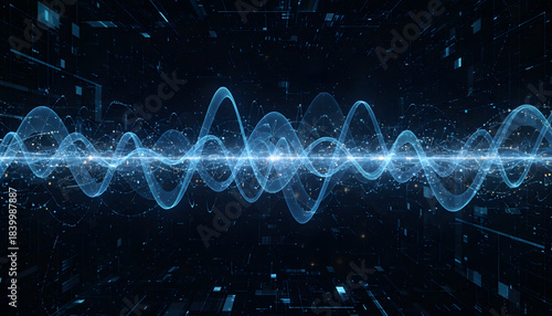 futuristic technology background of luminous blue waveform linework and micro particles