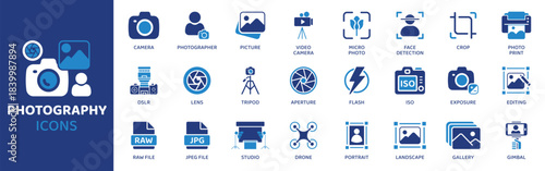 Photography flat icon set. Containing Icons as Camera, Photographer, Picture, Video Camera, DSLR, Lens, Tripod and more. Solid Vector web icons collection.