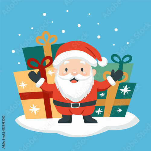 Cute Santa Claus with big gifts. Christmas holiday illustration for a card, banner, or poster.