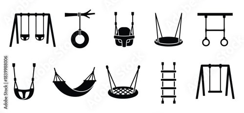 Playground swing icons set. Various types of swings. Children outdoor play equipment and amusement.