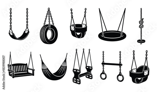 Playground swing icons collection. Bench swings, hammocks, tire swings. Kids leisure and outdoor play.