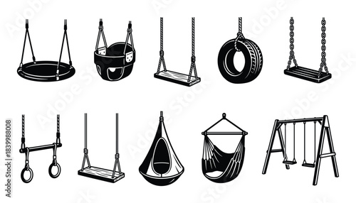 Playground swing set icons. Tire swings, baby seats, traditional hanging swings. Outdoor play equipment.