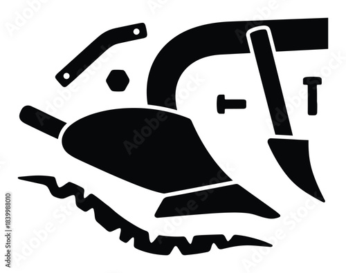 Plow parts black glyph icons set. Agricultural tools. Tilling soil on farm. Farming equipment.